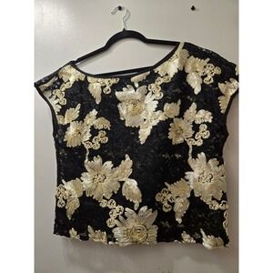 SHEIN Black Lace Floral Applique Cap Sleeve‎ Top Women's Size L